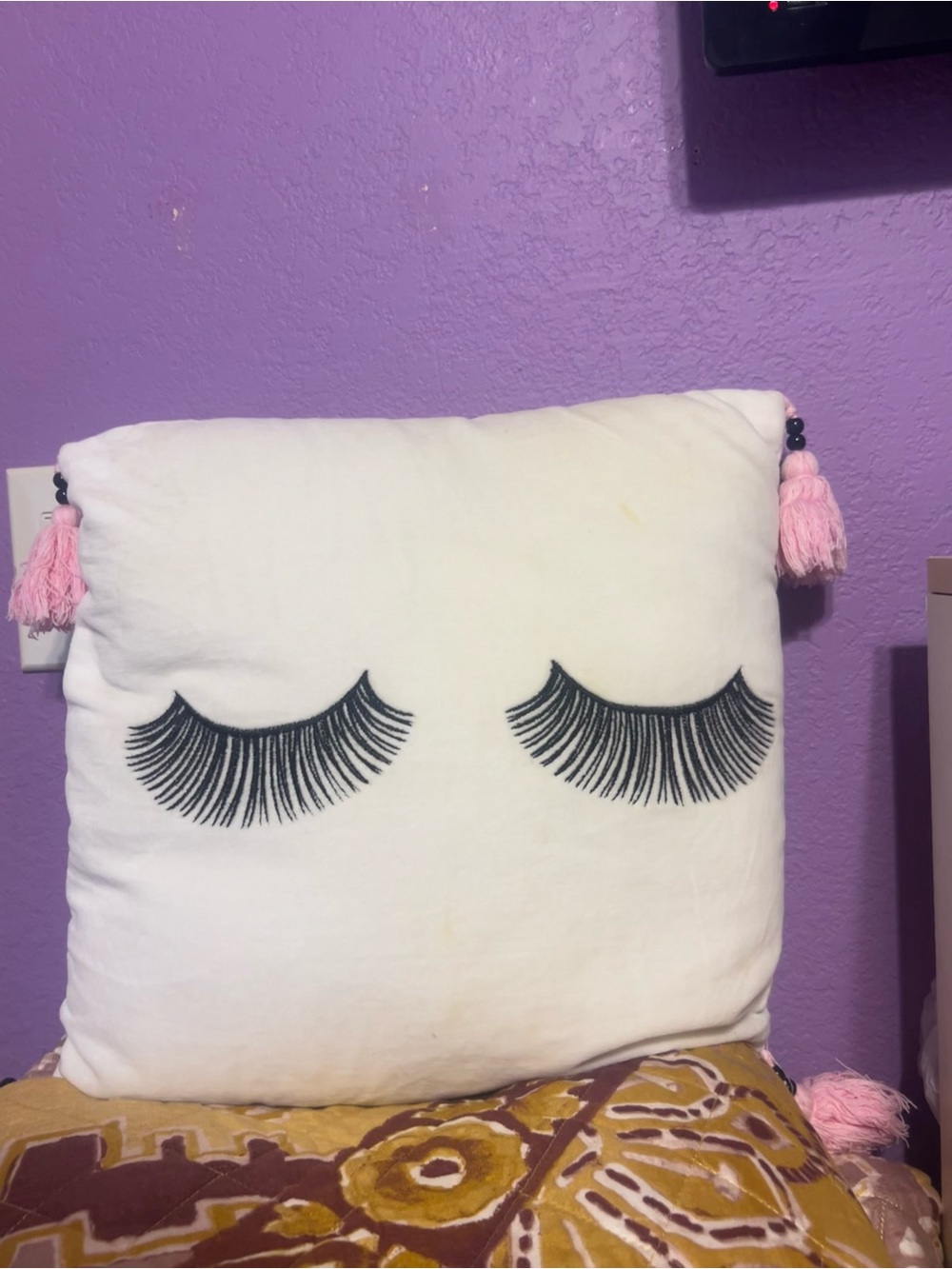 Plush White Eyelash Throw Pillow with Pink Tassels